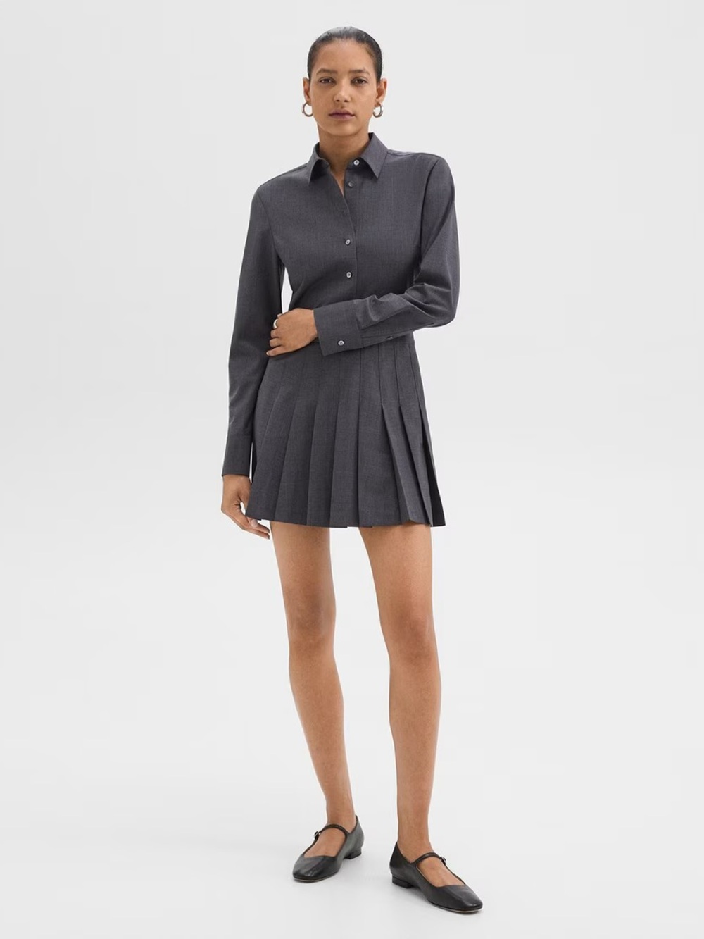 Theory Pleated Mini Shirt Dress Wool Blend Charcoal Size 12 NWT